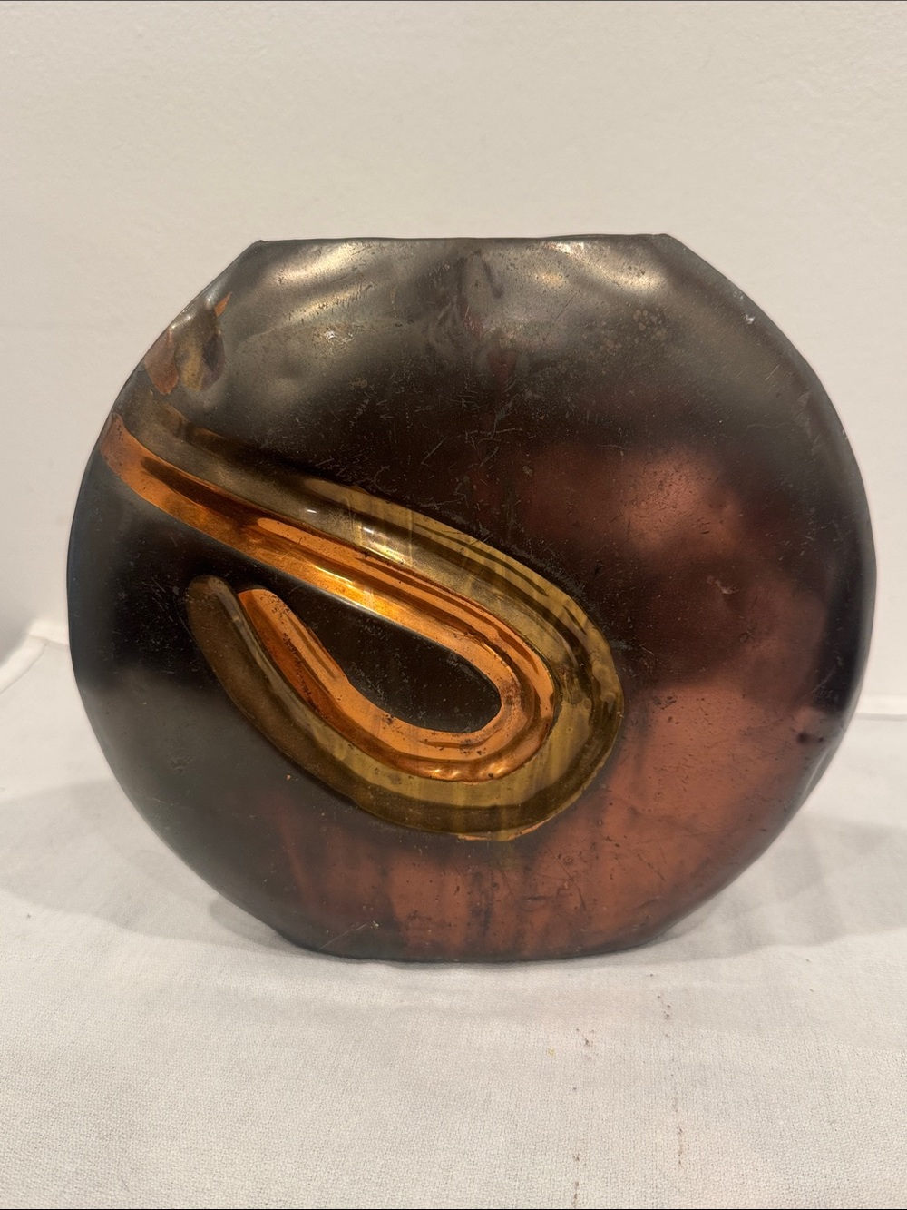 Vintage Mid-Century Indian Brass & Copper Flat Circular Vase Hand Crafted